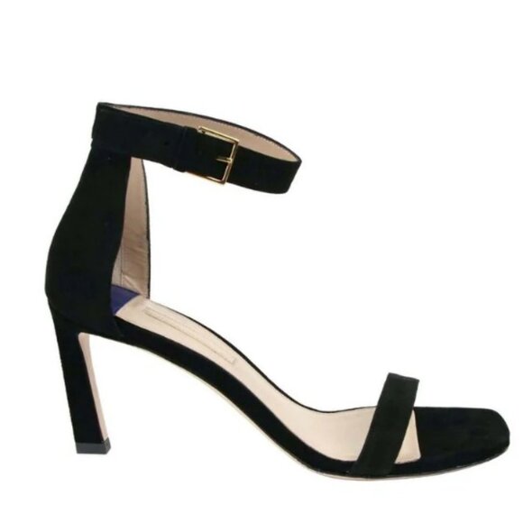 Stuart Weitzman Squarenudist Black Suede Heel Sandal With Ankle Strap Size 7 - Picture 2 of 14